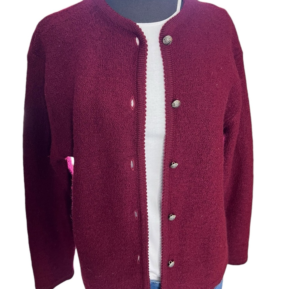 Vintage Sag Harbor L Burgundy Long Sleeve Cardigan Sweater 100% Wool Grandma